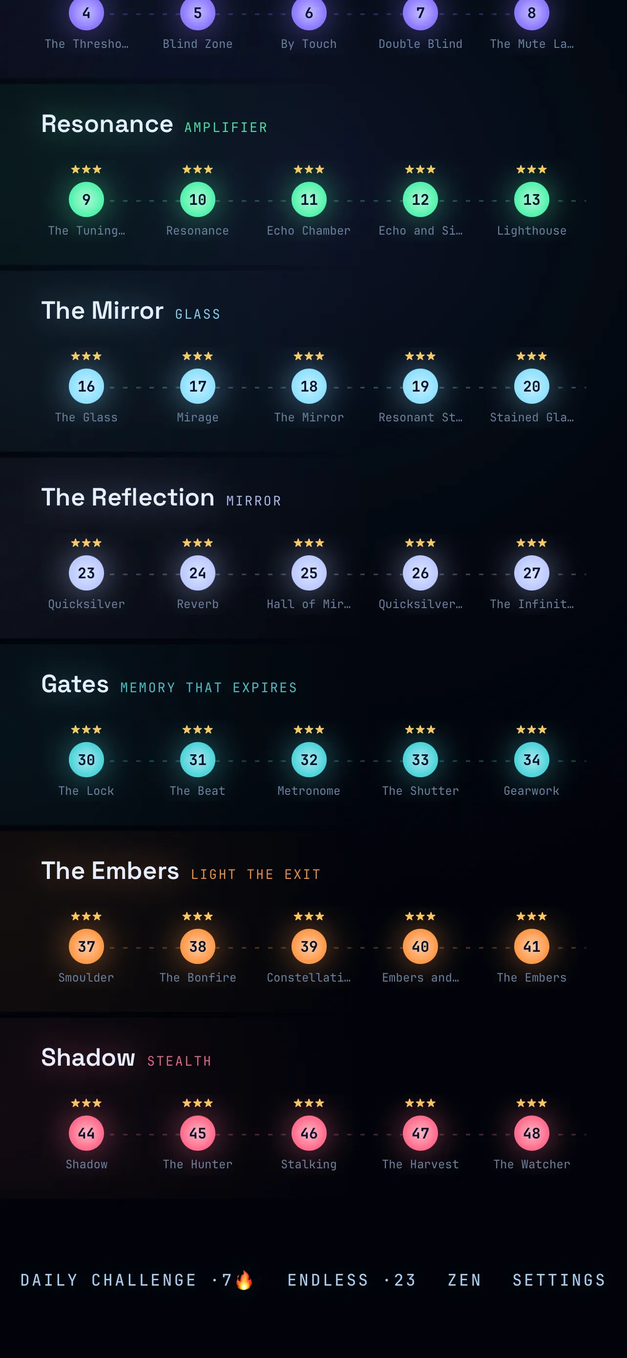 World select menu listing eight worlds, each with its own colour