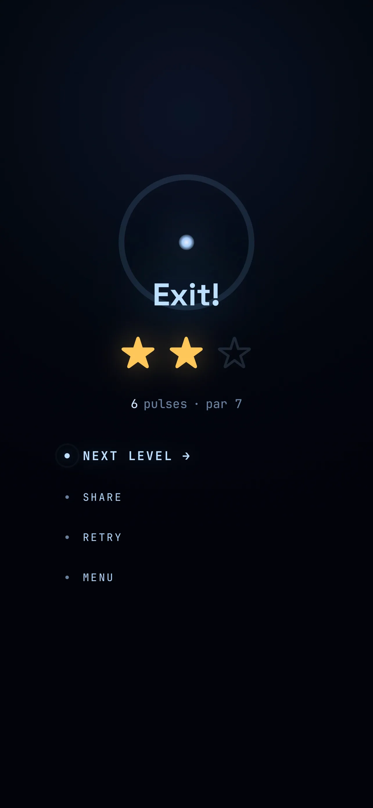 Victory screen: exit found in six pulses, under par, two stars