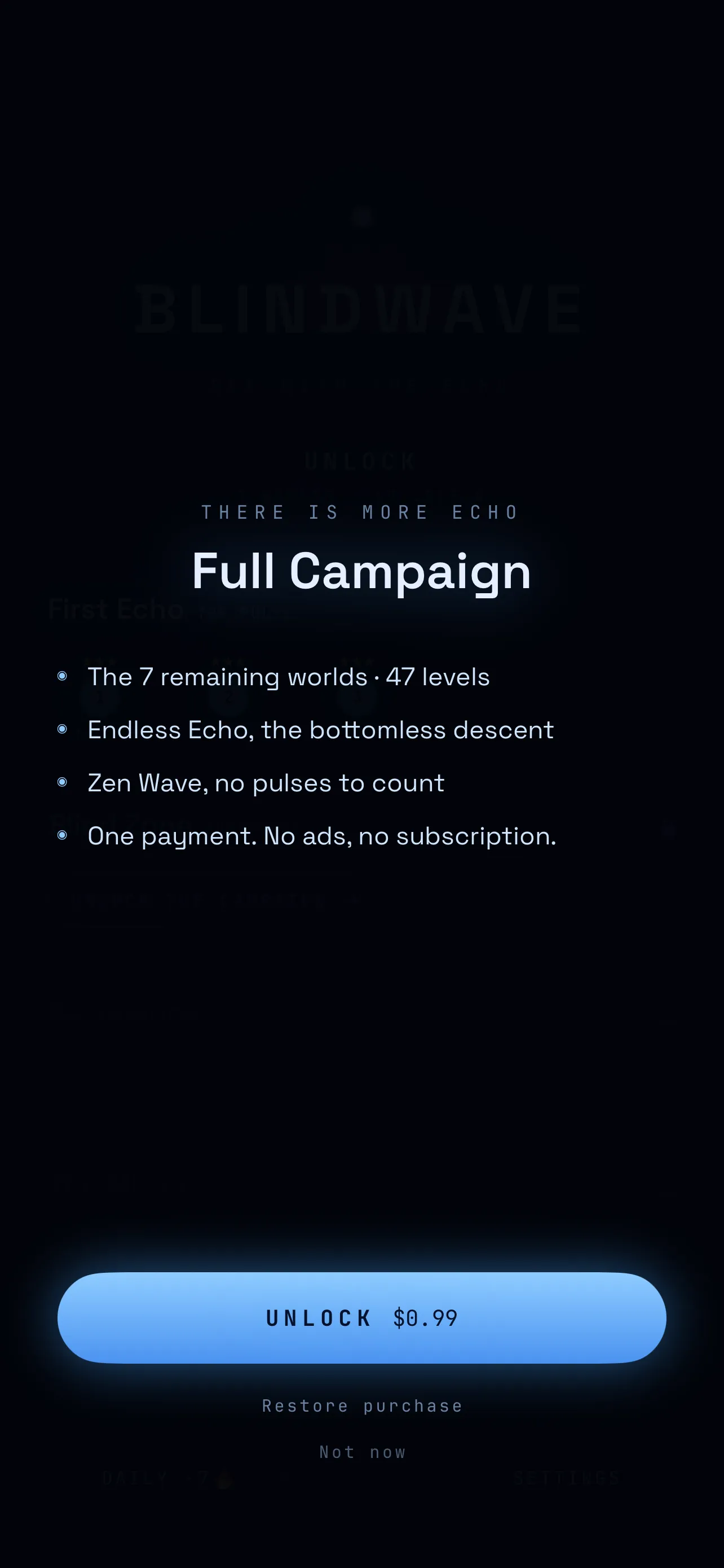Purchase screen: unlock the full campaign for $0.99, with restore purchase